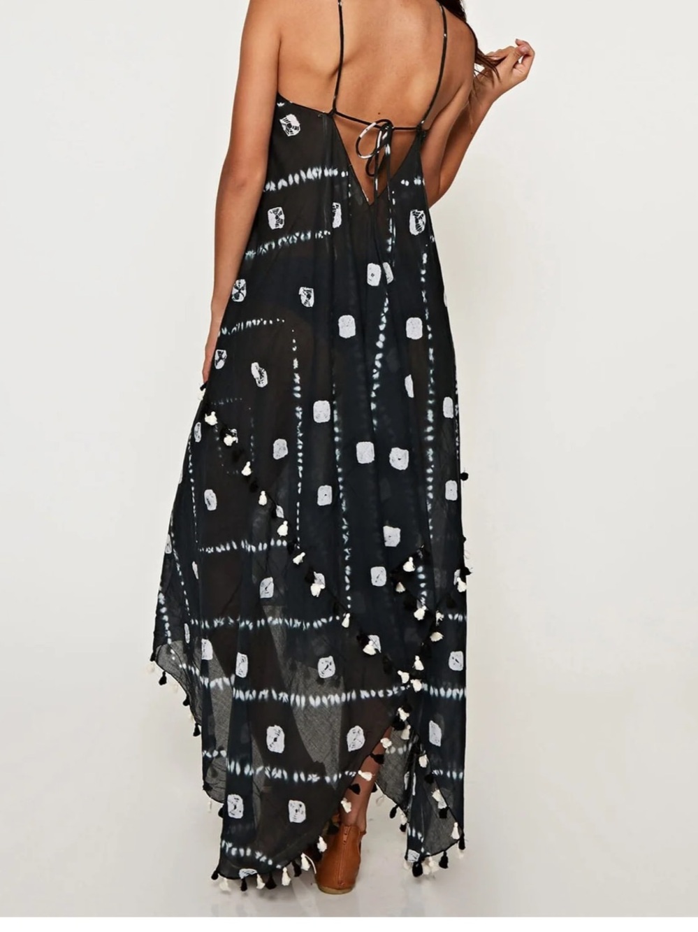 Love stitch Black Tie-Back Maxi Dress with White Tie-Dye Print
